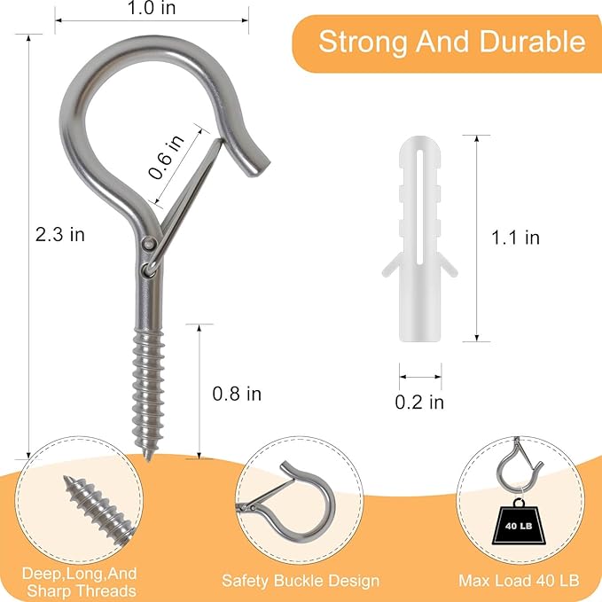Black Screw Hooks with Safety Lock 2.3" Rustproof Metal Ceiling Hooks for Hanging Plants, Baskets,String Lights & Outdoor Decor, 40LB Capacity (50, Silver)