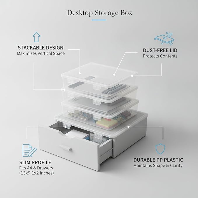 1 Pack Desktop Storage Box with Lid, Slim PP Plastic Organizer for A4 Papers and Office Supplies, Stackable Drawer Tray