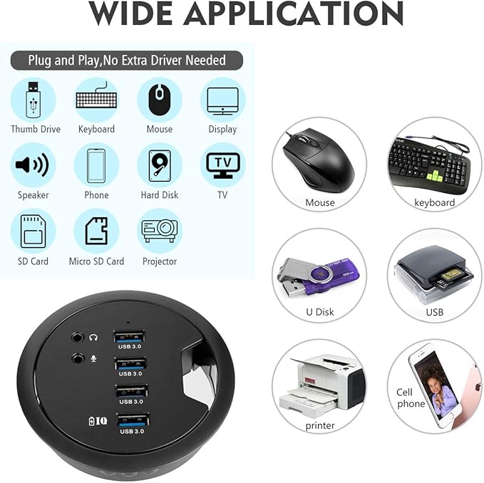 WDX Desk-Fit (Diameter 3.14" or 80MM) 4 Port USB 3.0 Hub with 3.5mm Audio Mic Phone Jack/BC 1.2 USB Charger, 5V/2A Power Adapter for iPhone/Smart Phones(usb3.0 4 Port)(AC Power Supply Included)
