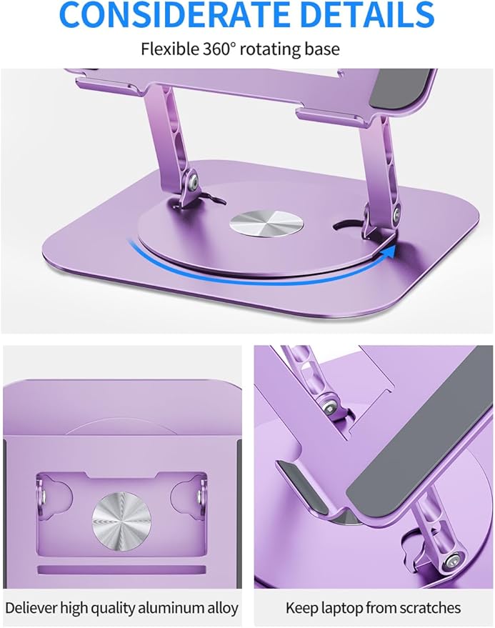 AOEVI Adjustable Laptop Stand with 360 Rotating Base, Computer Ergonimic Foldable Laptop Riser for Desk Compatible with MacBook Pro/Air Notebook up to 16 Inches, Purple
