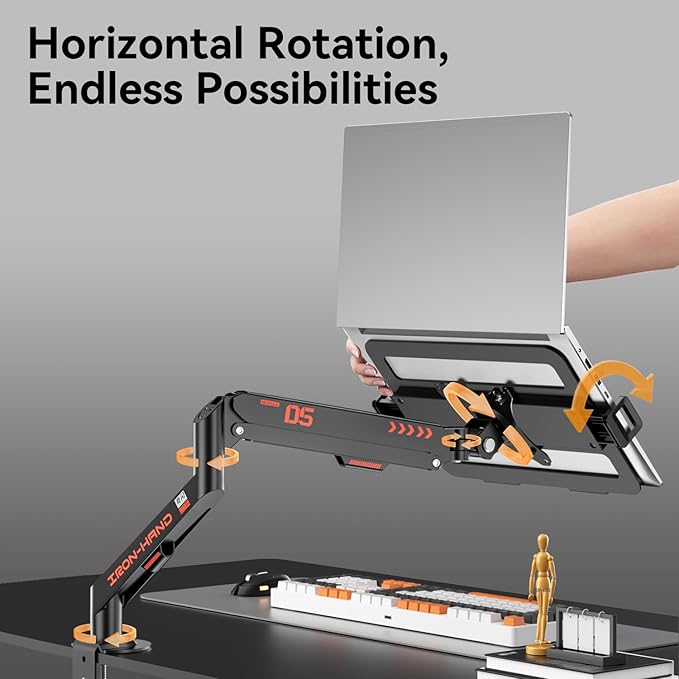 Laptop Mount for Desk (11.3"-17.3"), 360° Rotating Foldable Laptops Arm Mount with Gas Spring, Heavy Duty Aluminum Adjustable Laptop Stand with Clamp/Grommet (Black)