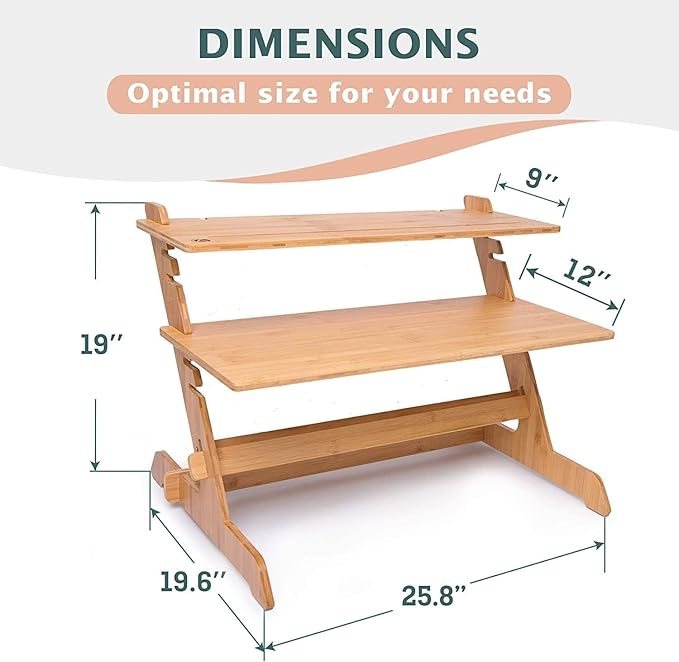 Adjustable Standing Desk Riser 100% Natural Bamboo Desk Converter Monitor Stand - No Screws, Sets up in Under 1 Minutes - for Home or Office Use (19" High 26" Wide