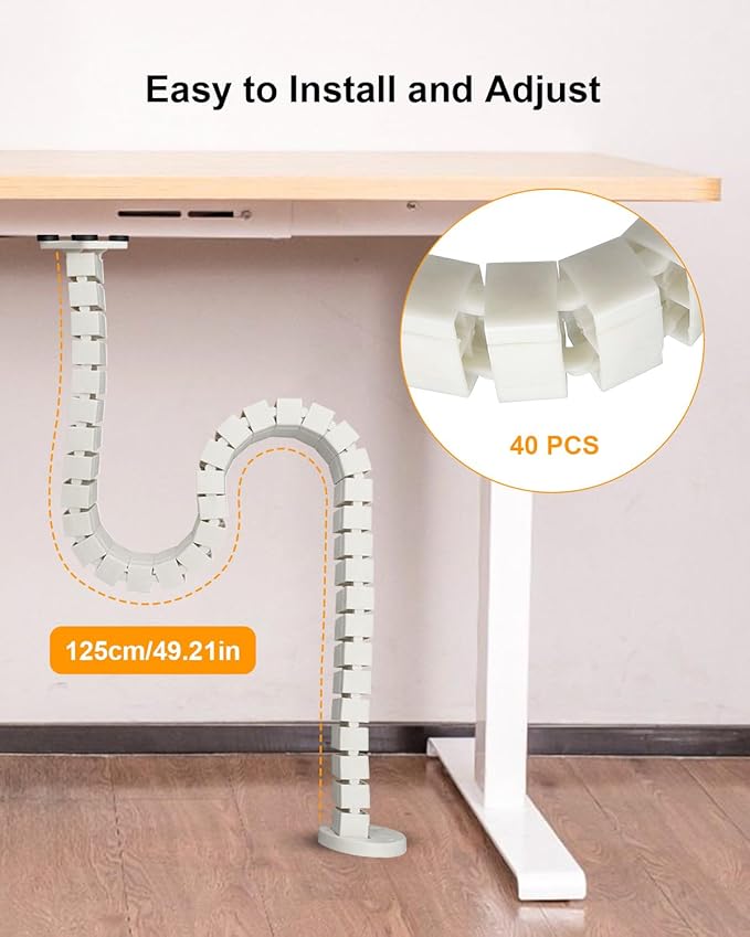 Under Desk Cable Management Vertebrae Fit for Sit Stand Desk Management, Magnetic Fixation Adjustable Length Cable Management Spinal, Flexible Chain Raceway White
