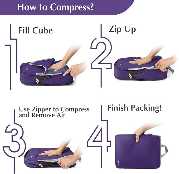 Gonex Compression Packing Cubes, 4pcs Expandable Storage Travel Luggage Bags Organizers (Purple)