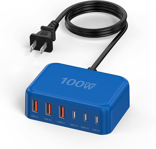6 in 1 USB Charger, 50% Smaller Charging Station for Multiple Devices, 100W Fast Charging Blocks with Type C Ports, USB Charging Hub Organizer Multiport Power Strip for iPhone, Ipad, Kindle, Travel