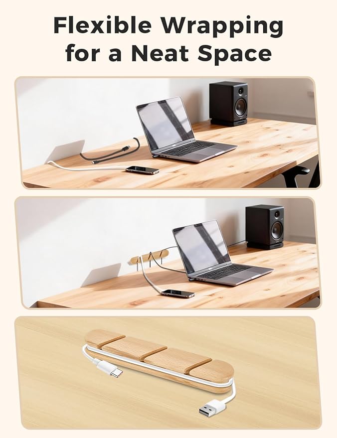 Natural Beech Wood Cable Holder & Cord Organizer, Adhesive Cable Clips for Desk, Under Desk, Wall, Bedside & Car, Wood Cable Management for Home Office, Phone Charging & USB Cables