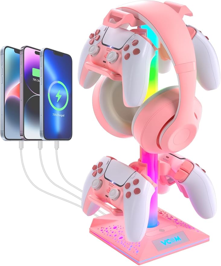 VCOM RGB Gaming Headphones Stand with 2 USB Ports, Pink Headset Stand with 10 Light Modes and Non-Slip Rubber, Suitable for PC Desk Accessories Gamers Gift(Pink)