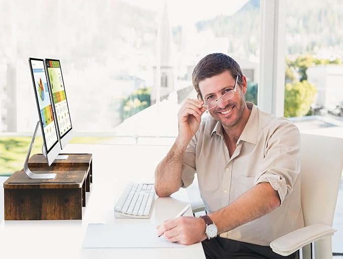 Dual Monitor Stand Riser with Storage, Adjustable Length & Angle Wooden Desk Shelf for 2 Monitors, Computer Stand for Home Office, PC, Laptop, Printer