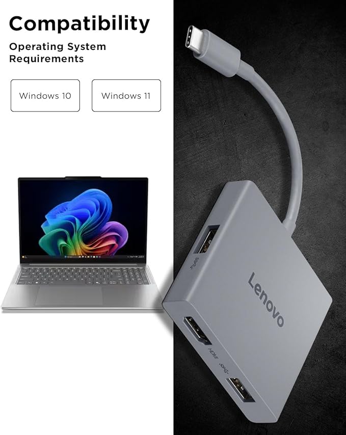 Lenovo USB-C 4 in 1 Travel Hub Block with Integrated Cable, 1x HDMI 4K @ 60Hz, 2X USB-A 3.2, 1x 3.5mm Combo, Luna Grey ??Portable, Compact, High-Speed Connectivity Laptops PC Gaming Console Charging
