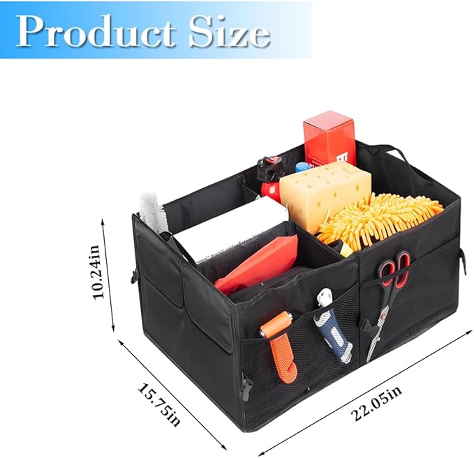 Car Trunk Organizer, Collapsible Multi-Compartment Large Capacity Vehicle Storage Container, Foldable Adjustable Automotive Interior Organization Box, Universal Fit (Black)