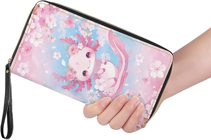 Bulopur Axolotl Wristlet Wallet for Women Cherry Blossom Clutch Purse PU Leather Zipper Credit Card Wallet Coin Cash Holder Ladies Handbags Gifts for Mom Girlfriend