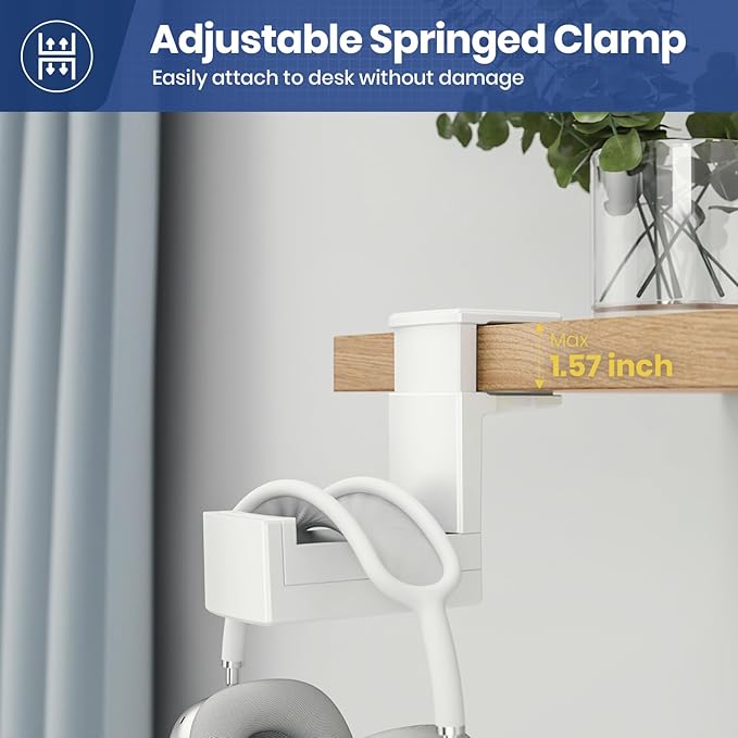 Dual Headphone Stand Holder - EURPMASK 2 in 1 PC Gaming Headset Hooks, 360 Degree Rotating Headphone Hanger with Adjustable Clamp & Cable Clip Organizer, Headset Mount Under Desk Earphone Clamp-White
