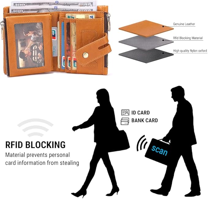 Mens Wallet with Chain Genuine Leather Purse RFID Blocking Biker Bifold Wallet with Anti-Theft Chain