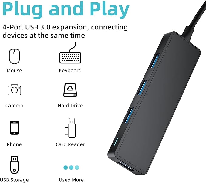 USB Hub, 3.0 4-Port Ultra-Slim Data USB Expander with 4 FT Extended Cable Compatible with MacBook, Mac Pro, Mac mini, iMac, Surface Pro, XPS, PC, Flash Drive, Mobile HDD (Black)