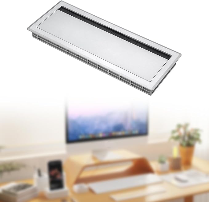 Cable Box Wire Organizer Cable Management Box Wire Holder Flip Brush Aluminum Alloy PP Dustproof Embedded Design Suitable for Office Desk, Silver