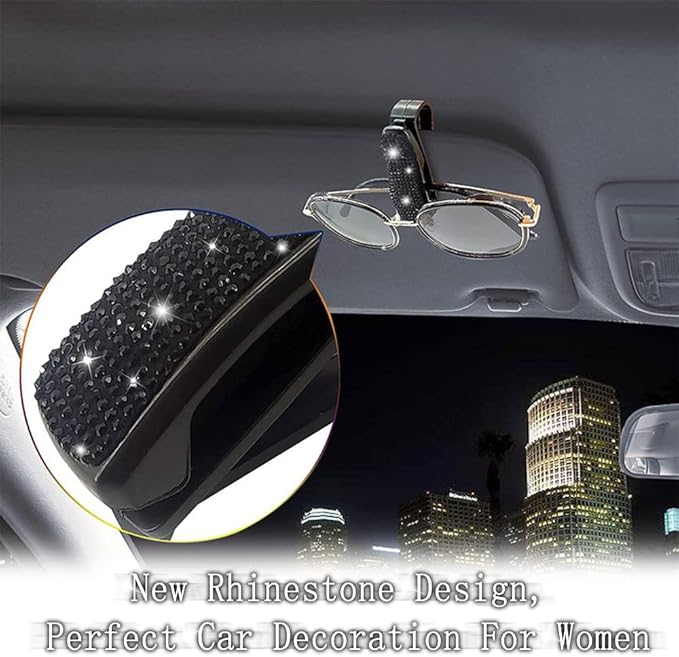 Set of 2 Bling Rhinestone Car Sun Visor Glasses Holders with Anti-Scratch Sponge,Car Decoration for Women Girls,Ticket Card Clip Visor Organizer,Universal Rhinestone Auto Accessories (Black-2pcs)