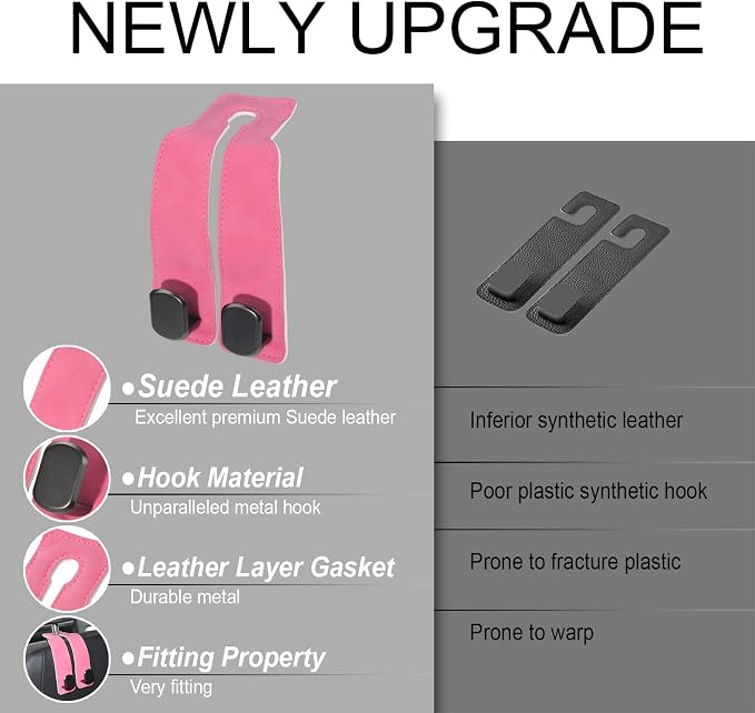Car Seat Hooks for Headrest, Car Purse Hook & Back Storage Hook, Zinc Alloy & Suede Material Heavy Duty Car Hooks for Purses and Bags,Universal Fit for Most Vehicles (Pink-2 Pack)