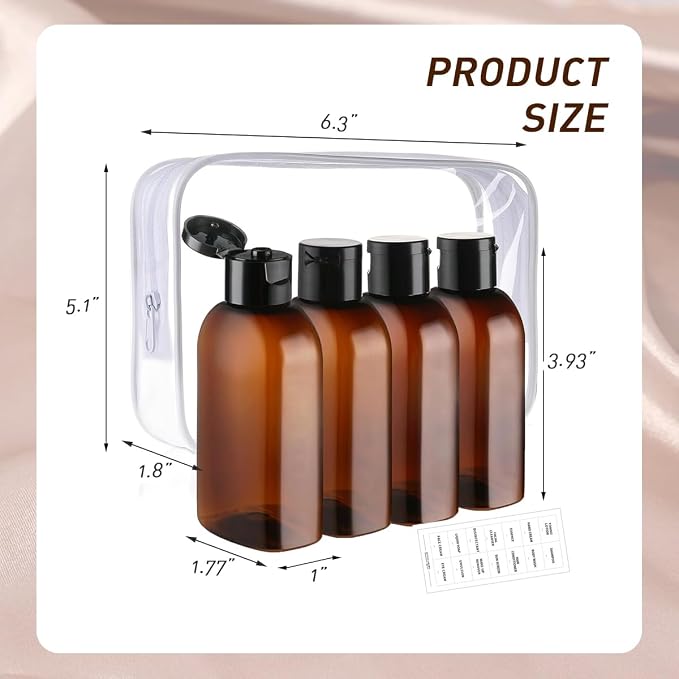 4Pcs 3.4oz/100ml Travel Kit Leak Proof Travel Bottles Toiletries Includes Refillable Squeeze Bottles with Flip Cap Storage Bags and Stickers for Shampoo Conditioner Creams (Brown)