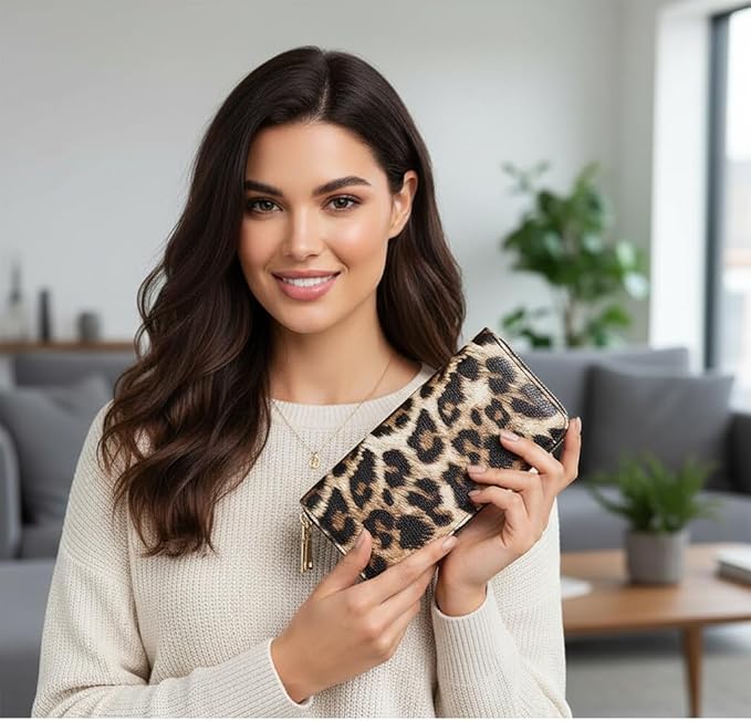 Leopard Travel Wallet for Women Cheetah Cow Print Double Zipper Pocket Ladies Purse Large Capacity