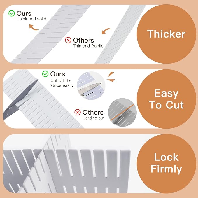 16 Pcs Drawer Divider Organizer, 14.5 Inch DIY Adjustable Drawer Dividers for Baby Clothes Cutlery Socks Underwear, Plastic Drawer Separators for Dresser Kitchen Office Bedroom (White)