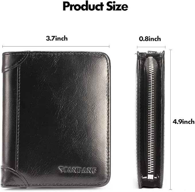 MANBANG Mens Wallet Zipper Genuine Leather RFID Card Holders Cowhide Zip Coin Pocket Bifold wallets for men