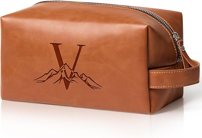 Personalized Gifts Travel Toiletry Bag for Men Engraved Initial PU Leather Waterproof Shaving Bag for Toiletries Accessories Fathers Day Birthday Gift for Men Dad Husband Son, Light Brown V