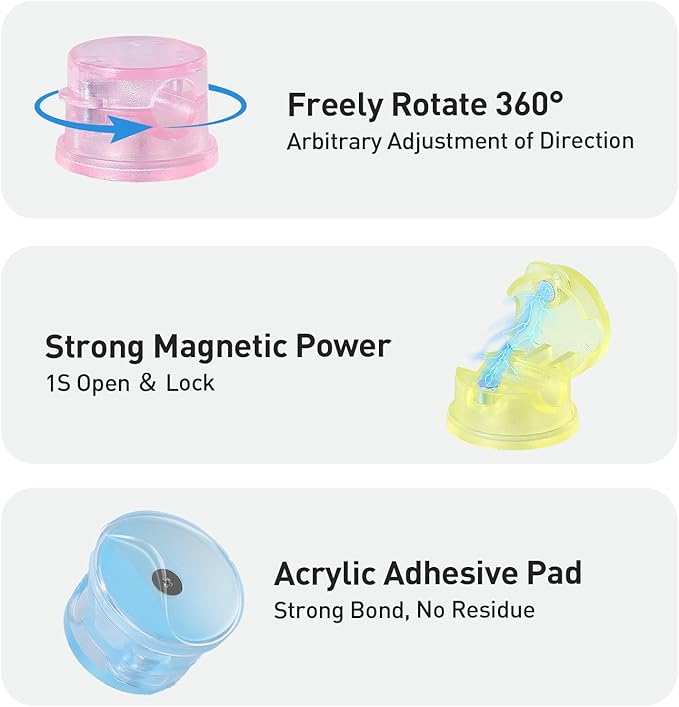 AGPTEK 8 Pack Magnetic Cable Clips, Upgraded 360° Rotatable Cord Holder Clips for Nightstand, Desk Cord Organizer Adhesive Wire Management Home Office Phone Charging Cords USB Cable Keeper (Colorful)