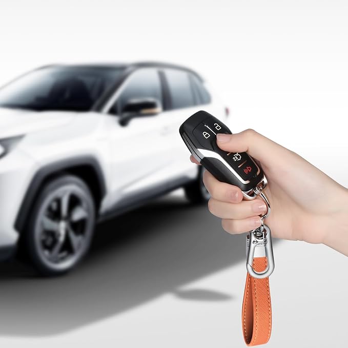 QBUC Genuine Leather Car Keychain,Universal Heavy Duty Metal Key Chain Accessories,Car Fob Key Keychain Holder with 360 Degree Rotatable Snap Swivel and Anti-Lost D-Ring for Men Women(Orange)