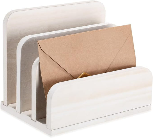 Briwooody Wooden Mail Organizer 3 Slots Mail Holder for Desk Wood File Paper Letter Holder for Letter Envelope Filing Cell Phone Document Storage, Organizer Tray for Office and Home(White)