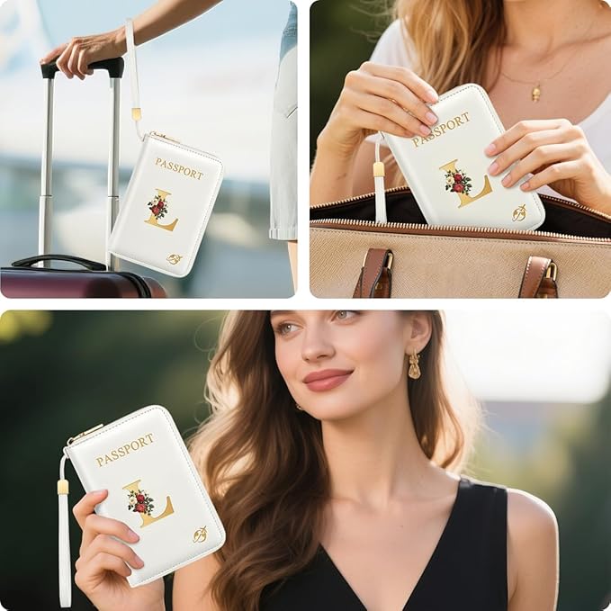 Passport Holder for Travel Personalized Passport Holder Initial Letter Rose Flower RFID Blocking Travel Wallets Credit Cards Holder for Women Men, White L