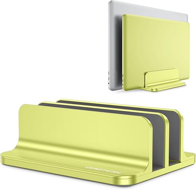 OMOTON Vertical Laptop Stand [Updated Double Version], Desktop Aluminum Mac Book Stand with Adjustable Dock Size, Fits All Mac Book, Surface, Chrome Book and Gaming Laptops (Up to 17.3 inch), (Citron)