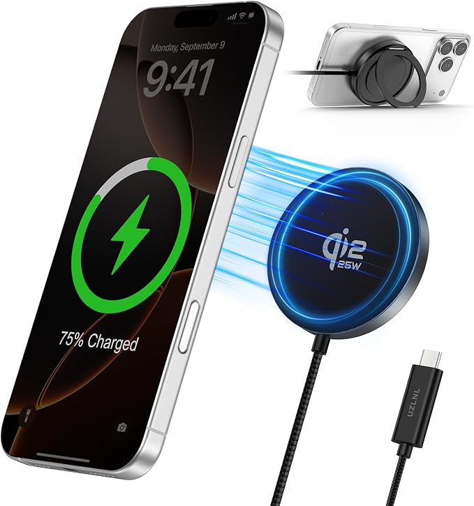 25W Magnetic Wireless Charger, Qi2.2 Fast Wireless Charging Pads with Kickstand,MagSafe Charger for iPhone 17/16/15/14/13/12 Series & AirPods 4/3/2/Pro, Samsung S26 S25 Series, Google Pixel 10