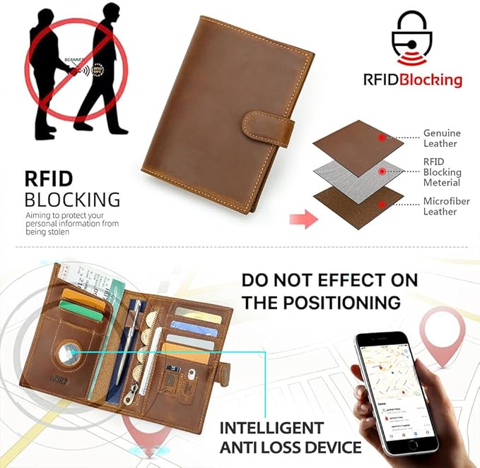 CONTACTS Full Grain Leather Passport Holder Compatible with Airtag RFID Blocking Passport Wallet Travel Slim Passport Cover with SIM Card Removal Tool (Camel Brown)