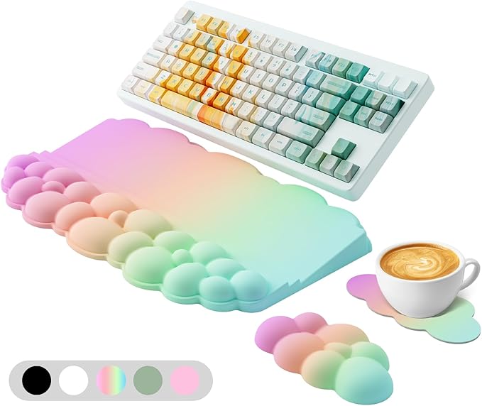 Ergonomic Wrist Rest for Keyboard, Soft Memory Foam Cloud Keyboard Stand Pad with Wrist Rest Set with Non-Slip Silicone Base, Easy Typing, Pain Relief, Comfort for Computer Laptop Mac - Rainbow