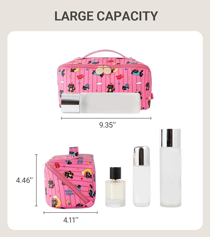 Aveniee Travel Makeup Bag for Women, Large Cosmetic Organizer with Open-Flat Design, Clear Divider & Handle - Waterproof PU Leather Toiletry Case (Moon Cat Pattern)