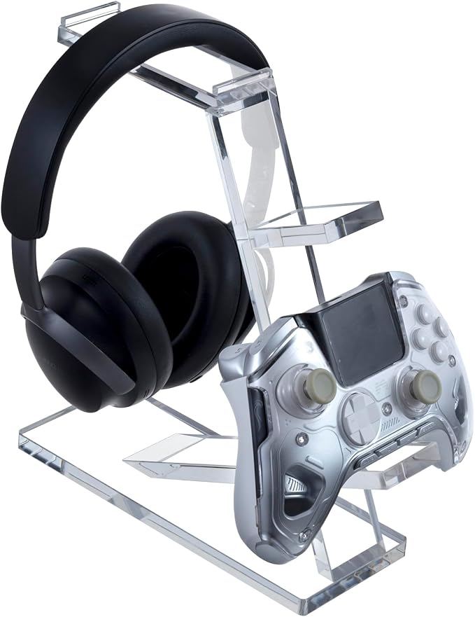 MyGift Premium 10mm Thick Clear Acrylic Gaming Headphone Headset Stand with 2 Controller Holder, Tabletop Universal Storage Rack for Game Accessories