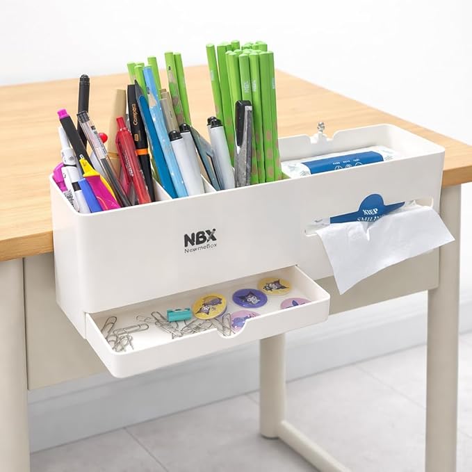 Desk Side Storage Organizer, Desk Cup Holder, No Drill Pen/Pencil/Phone Holder with Hanging Under Table, Clamp On Desktop Side, Stationery Organization Accessories for Home Office(L-size)