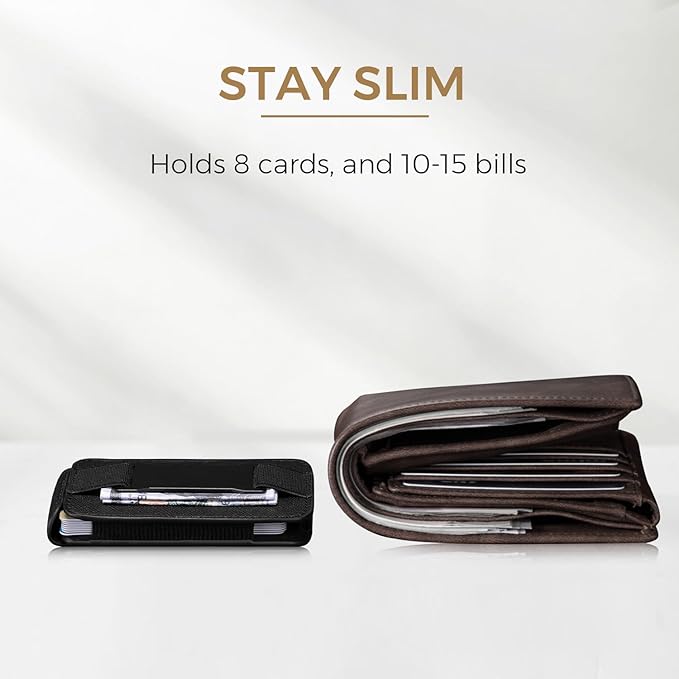 Zitahli Slim Wallet for Men with Pull-Up Tab & Cash Strap - Front Pocket Minimalist Easy Access Card Holder, RFID Blocking, Holds 8 Cards & 10-15 Bills