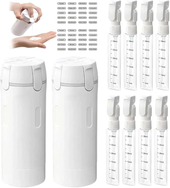 4-in-1 Travel Dispenser Bottles Set, 30ml Leak-Proof Portable Containers for Shampoo, Lotion, Conditioner, Cream, 2Pack (White)