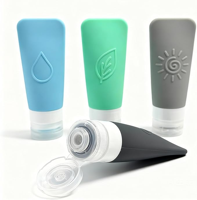 16-Piece Silicone Travel Bottles Set – TSA Approved Leakproof Toiletry Kit with Flat Easy-Squeeze Bottles, Pump & Spray, Waterproof Bag