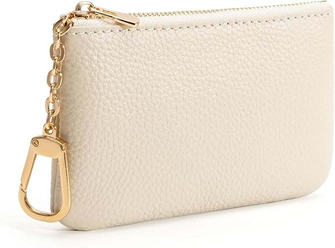 Full Grain Leather Coin Purse with Key Chain - Small Change Purse Keychain Card Holder Keychain Pouch Small Keychain Wallet for Women and Men (Creamy-white, Large Size)