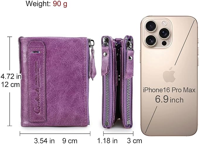 CONTACTS Soft Leather Wallet for Women Small Bifold Coin Purse Double Zipper Card Holder with RFID Blocking (Purple)