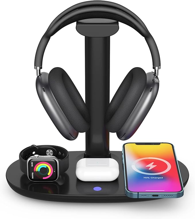 Headphone Stand with 15w Wireless Charger, Suguder 4 in 1 Charging Station Headset Holder for AirPods Max/Pro/4/3/2 iWatch 10/9/8/7/6/5/4/3/2/1/SE iPhone 17/16/15/14/13/12/11/X for Desktop Table Game