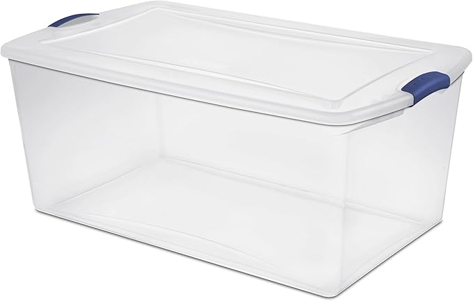 105 Qt. Plastic Storage Bin with Durable Lid, Stackable and Nestable Clear Tote Container Featuring Blue Buckles, Ideal for Organization and Storage Purposes (1-Pack)