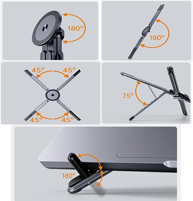 Laptop Stand for Desk, Foldable Aluminum Alloy Magnetic Computer Riser, Ergonomic 8-Level Adjustable Height Travel Laptop Holder,Multi-Functional Stand for 10–16"Laptop,4–13" Tablet and Phone