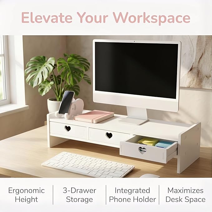 Computer Monitor Stand Riser with 3 Drawers - No Assembly White Desk Organizer & Laptop Shelf - Waterproof Desktop Storage for Home Office, School Dorm & Vanity - 3-Tier Space-Saving Design