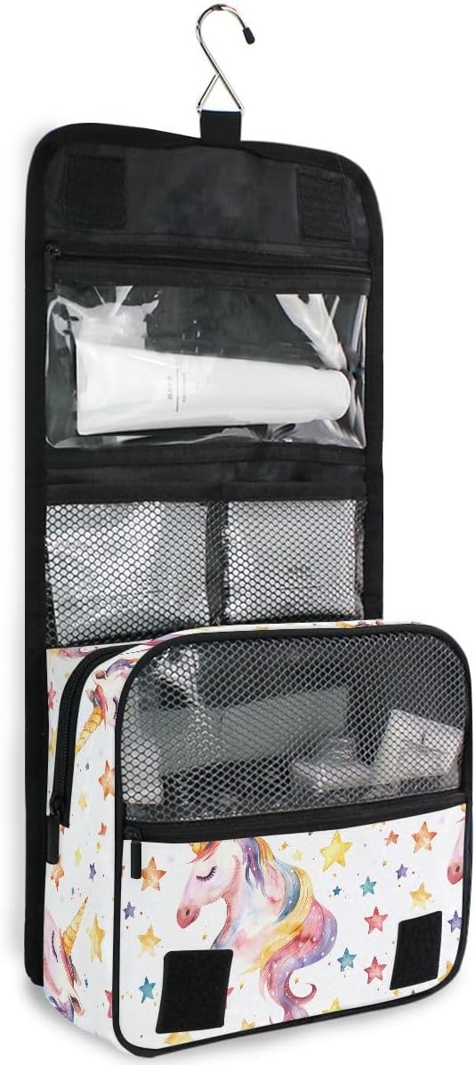 senya Hanging Travel Toiletry Bag Cute Kit Makeup Case Cosmetics Organizer for Men Women (Unicorns Face Pale Yellow Stars)