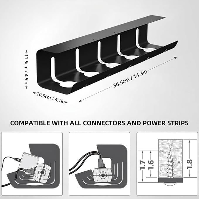 Metal Cable Management Under Desk for Easy mounting Under-Table, Set of 2 - with 10X Cable Ties, Desk Organizer for Office/Home Office Table Thoughtful Cable Tray Holder