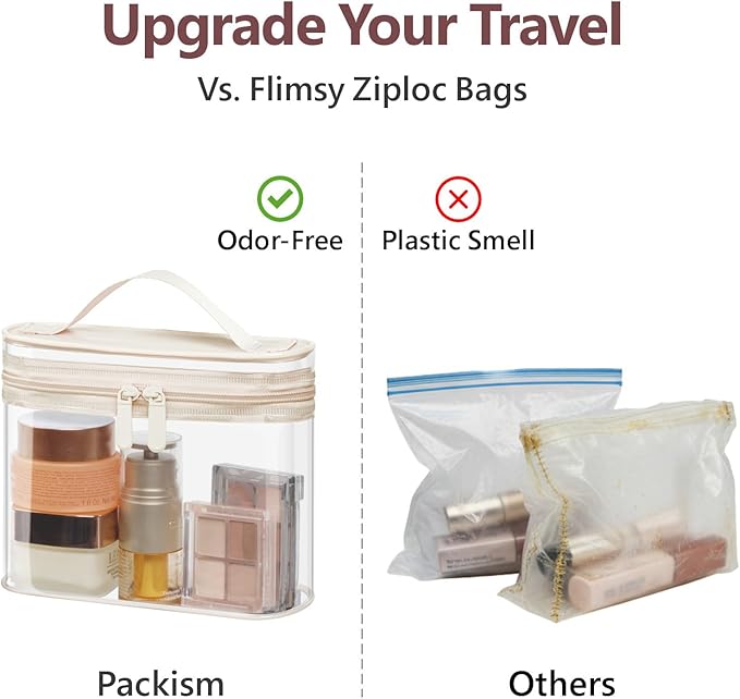 PACKISM Clear Toiletry Bag Combo Pack - 1 TSA Approved Medium & 1 Large Makeup Bag for Checked Luggage, Clear PVC Travel Bag with Handle, Dual Metal Zippers, Water Resistant Large Opening, Beige