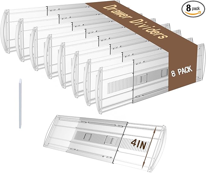 8 Pack Adjustable Drawer Dividers for Clothes,4" High Clear Expandable From 13-21" Drawer Organizers, PC Plastic Separators for Dresser/Bedroom/Bathroom/Kitchen/Office Storage,Easy to Assemble